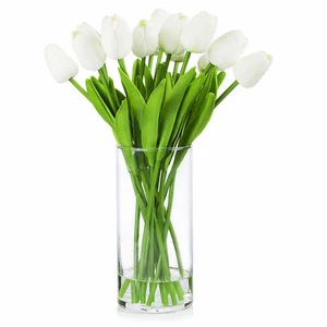 Artificial Flower Arrangement Real Touch Tulip Centerpiece Glass Vase Faux Water - Picture 1 of 12