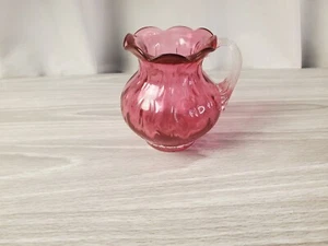 FENTON Cranberry Thumbprint 3in Vase/Pitcher W/Clear Handle - Picture 1 of 5