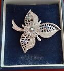 Vintage Jewellery Triad Stamped Metal Aurora Borealis Glass Stones Leaf Brooch