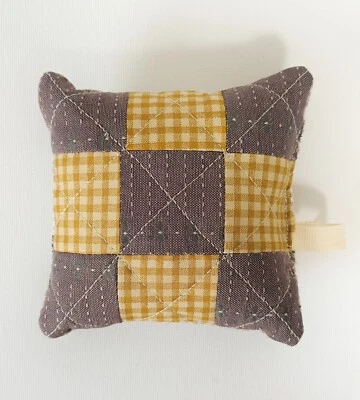 Pin cushion yellow brown needle pillow hanging loop quilt patchwork square 4" - Image 1 of 3
