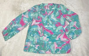 Lilly Pulitzer Damen SM Elsa 100% Seide Bluse Türkis Grün Rosa Langarm - Bild 1 von 17