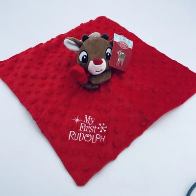 Rudolph Baby Snuggle Blanket My First Rudolph Red Lovey Satin Back Rattle - Image 1 of 4