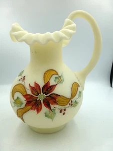 Fenton 8.5 Inch Pitcher Hand Painted by C. Griffiths, Poinsettia Glow, Christmas - Picture 1 of 19