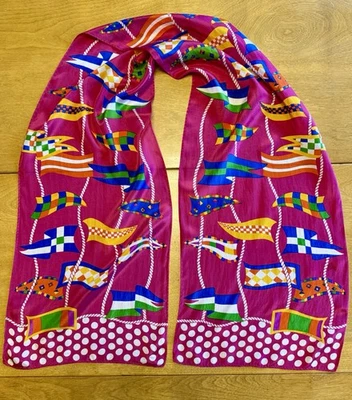 Vintage Liz Claiborne Silk Scarf Vibrant Nautical Flags Polka-Dot Border Japan - Image 1 of 4