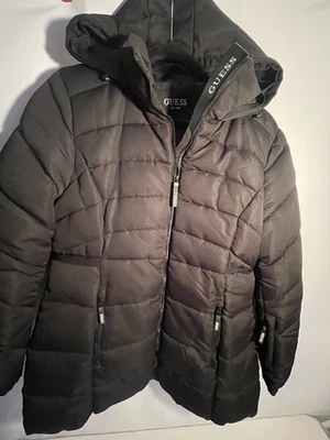 Guess Puffer Coat Womens XL Quilted Black Hooded Down Winter Jacket Zip Up - Image 1 of 4