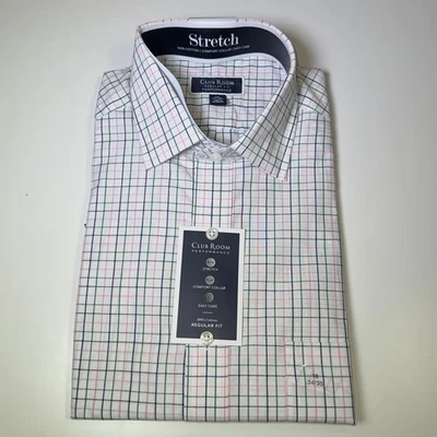 Club Room 男式标准版 Letto 格子礼服衬衫粉色绿色 16 34-35 $60 — 第 1/4 张图片