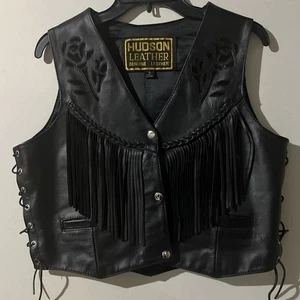 VTG Genuine Leather Hudson Leather Fringe Rose Vest Women's LG Motorcycle Biker - Picture 1 of 4