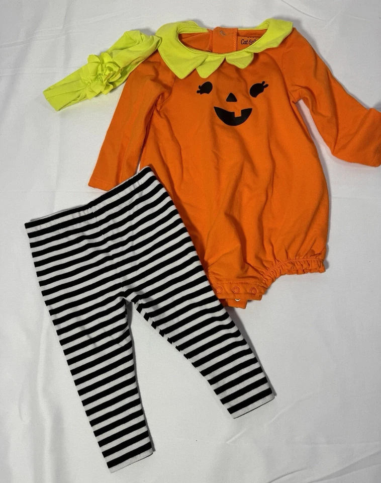 Pumpkin Halloween Costume Set Top Pants Hair Bow Cat & Jack Baby Girls 3-6 Mos - Image 1 of 4