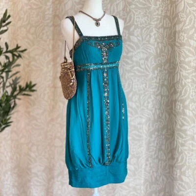 Винтажный Y2K Сью Вонг бирюзовый шелк бисером коктейльное мини-платье ар-деко Flapper Gatsby 4 - Изображение 1 из 4