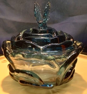 Fenton Saphire Blue Iridescent Glass Butterfly Cabbage Bowl Trinket MCM Vintage - Picture 1 of 24