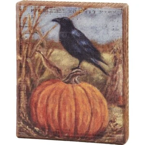 Raven on Pumpkin Halloween Wood Block Sign | Primitives by Kathy - Picture 1 of 3