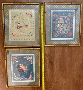 3 gerahmte Vintage chinesische bestickte Seide Panel Wandbehang Blumen 17 x 15 Zoll - Bild 1 von 8