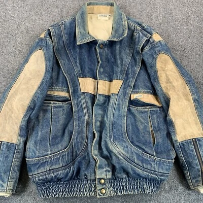 Vintage Guess 1980s Marty Mcfly 2 Tone Leather Denim Jacket Trucker Mens Medium - Image 1 of 4