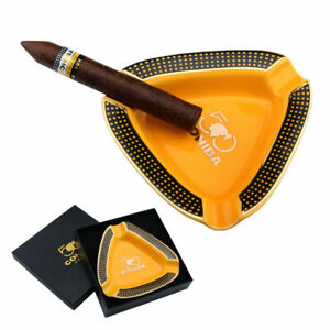 COHIBA Yellow Ceramic Cigar Ashtray Protable 3 Cigar Stand Holder w/ Gift Box