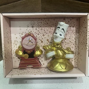 Disney Beauty & the Beast Cogsworth Clock Lumiere Salt & Pepper Shakers Set -New - Picture 1 of 5