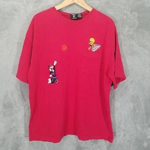 Camicia Warner Bros Uomo XL Rosso Silvestro Tweety Pallacanestro Ricamata - Foto 1 di 11