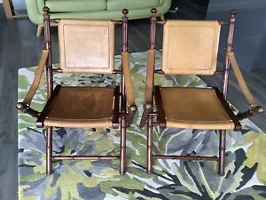 PAIR of EICHHOLTZ BOLSENA LEATHER FOLDING CAMPAIGN OFFICERS CHAIRS TEAK BAMBOO