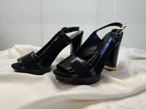 TORY BURCH “GEMMA” BLACK PATENT/SUEDE PLATFORM HIGH BLOCK HEEL OPEN TOE, 7M - Picture 1 of 16