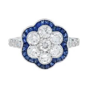 18K White Gold Natural Diamond and Blue Sapphire Art Deco Style Cluster Ring - Picture 1 of 14
