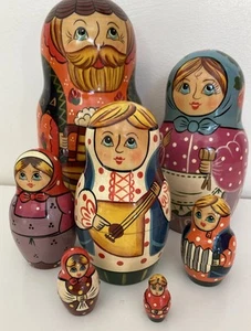 Russian Nesting Dolls Wooden Hand Painted Ckazka Collectible Matrioshka 7 Pc Set - Picture 1 of 7
