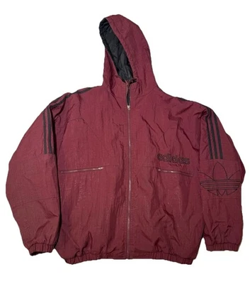 Abrigo Adidas Vintage Años 90 Para Hombre Grande Rojo Negro Rayas Spellout Y2K Forro Edredón Foto 1 de 4