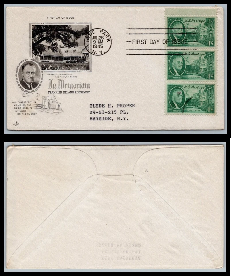 US FDC # 930 1c Roosevelt  ArtCraft  addressed 1945, 9p9638 - Image 1 of 1