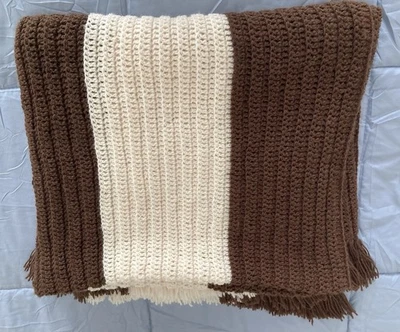 Vintage Handmade Cream & Brown Color block Crocheted Afghan -Throw 34”x60” - Image 1 of 4