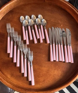 Stainless Flatware Pink Mauve Plastic Octagon Handles 24 Pc Set Taiwan MCM VTG - Picture 1 of 8
