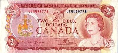 VINTAGE CANADA BANKNOTE 1974 2  DOLLAR PREFIX UE   NO451 - Image 1 of 2