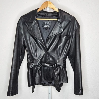 Tannery West Black Leather Jacket Women’s Belted Blazer Style Button Front Med - Image 1 of 4