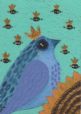 ACEO Оригинальная Картина Подсолнух Синяя птица НЛО в Коронах - Изображение 1 из 4