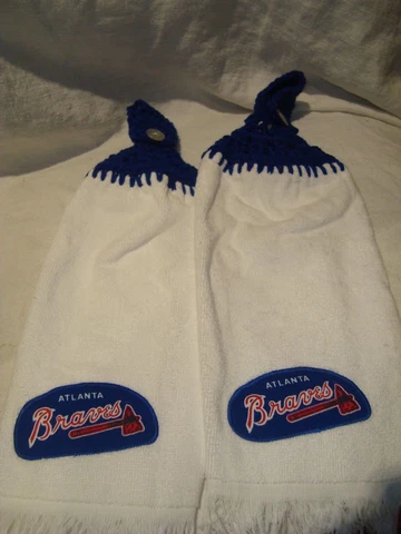 Atlanta Braves Baseball Set of 2 Crochet Kitchen Fridge Golf Bar Hand Towels NEW Cover