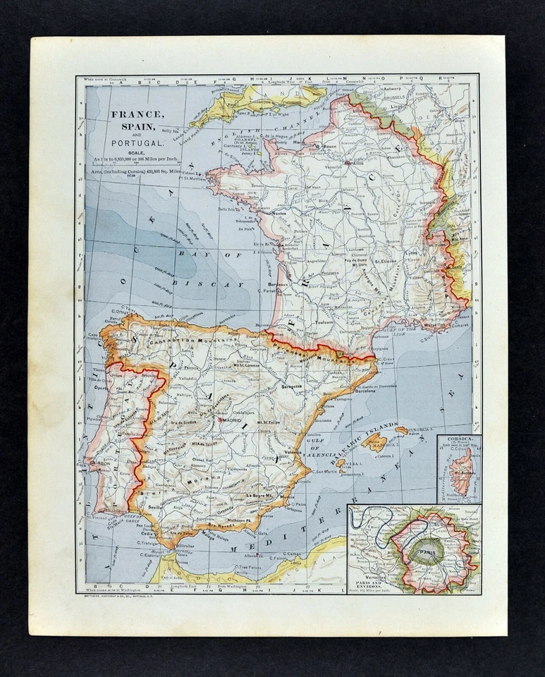1896 Map France Spain Portugal Paris Madrid Lisbon Toledo Tours Lyon Barcelona - Image 1 of 1