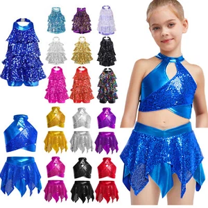 Kids Girls Sequins Jazz Latin Dance Outfits Hip Hop 2 Piece Ballroom Performance - Picture 1 of 122