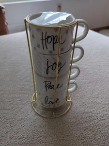Pier 1 Imports 4 Stackable Coffee Mugs Stand Christmas Hope Joy Peace Love  - Picture 1 of 4