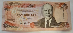 Billete de banco de 5 dólares Sir Cecil Wallace-Whitfield 1997 de las Bahamas #S649682 JWF - Imagen 1 de 2