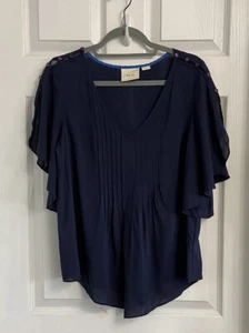 Maeve Anthropologie Maya Navy Blue Pleated V-neck Button Flutter Sleeve Blouse 8 - Picture 1 of 8