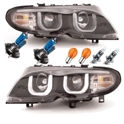 Scheinwerfer Set 01-05 Schwarz U LED Angel Eyes + Leuchtmittel+passt für BMW E46 - Bild 1 von 3