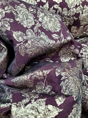 Fabric Sold By The Yard Brocade Gold Floral Metallic Embossed Burgundy Fabric  - Image 1 of 4