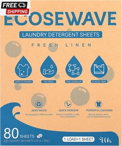 Laundry Detergent Sheets, 80 Sheets, Fresh Linen Scent, Hypoallergenic and Eco-F - Picture 1 of 14