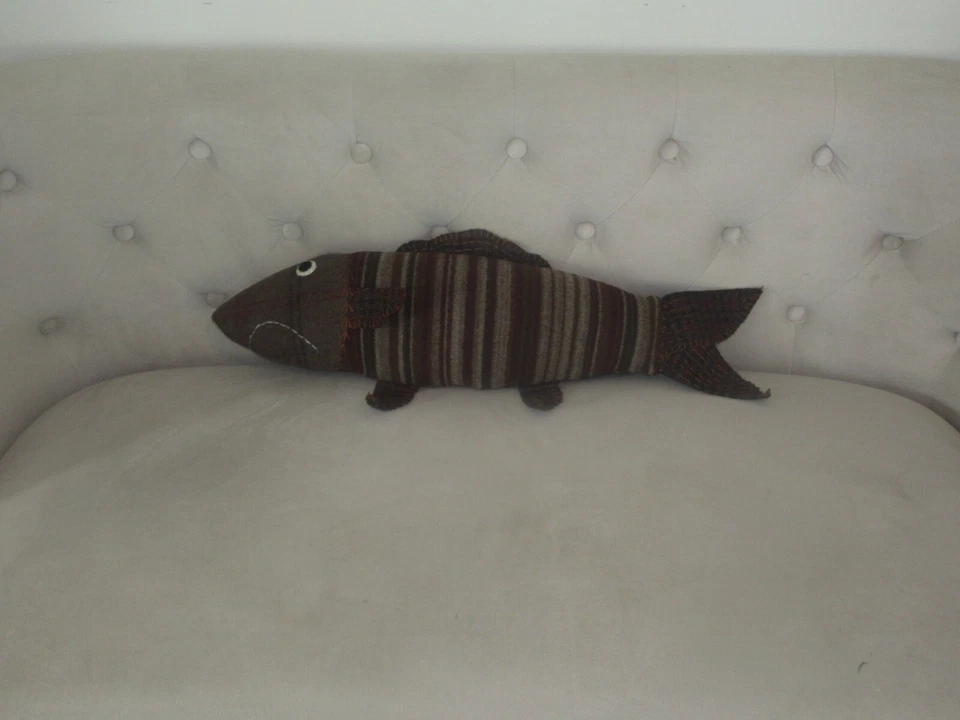 Handmade Recycled Large Striped Brown Wool Plush Rustic Mountain Fish - Image 1 of 3