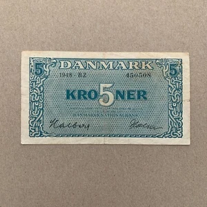 1948 DENMARK 5 Kroner  Banknote P35e Danish Currency Paper Mooney Post WWII WW2 - Picture 1 of 4