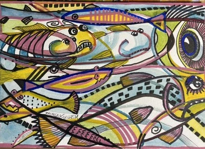 "Tinta de acuarela original Pamela Wilhelm 5x7"" pez caprichoso abstracto único en su clase" Foto 1 de 2