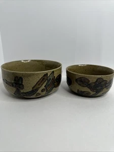 Otagiri Stoneware Pottery Nesting 2 Bowl Set Birds Flowers Vintage OMC 7” & 5.5” - Picture 1 of 14