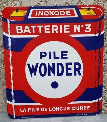 Plaque émaillée PILE WONDER Batterie N°3 TBE Double Face Années 30 No Kub/Maggi - Photo 1/4