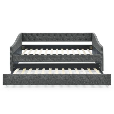 Full Size Grey Upholstered Daybed with Twin Trundle – Tufted Sofa Bed with - Image 1 of 4