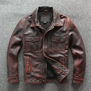 Vintage Brown Red Leather Jacket Men's Biker Leather Jackets Leather Bomber Coat - Picture 1 of 6