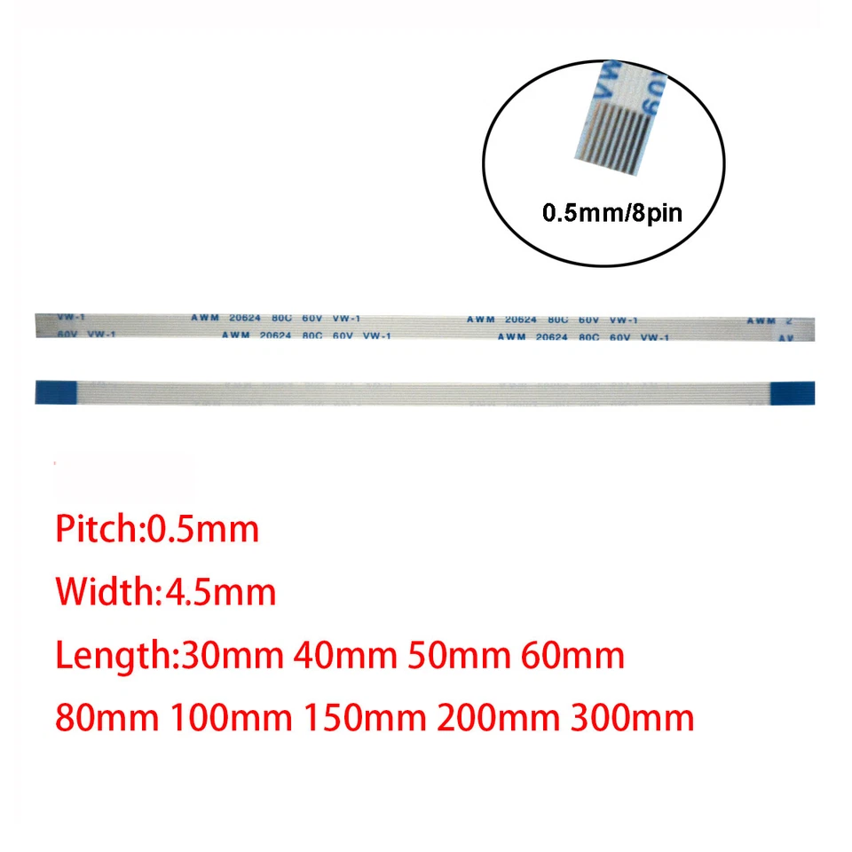 8Pin 0.5mm Pitch FFC FPC Flexible Flat Cable AWM VW-1 20624 80C 60V A B Type - Image 1 of 4