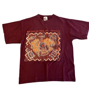 VIntage 90's Australian ROCK ART Turtle Kangaroo TRIBAL Native Maroon T Shirt L - Picture 1 of 7