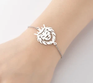 Silver/Gold Titanium Unisex Punk Lion King Crown Charm Chain Cuff Bracelet - Picture 1 of 4